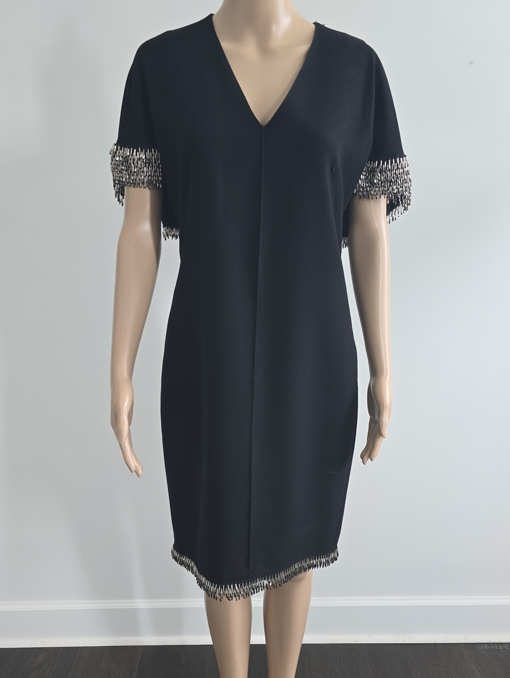 Elie Tahari Black V-Neck Dress with Beaded Fringe